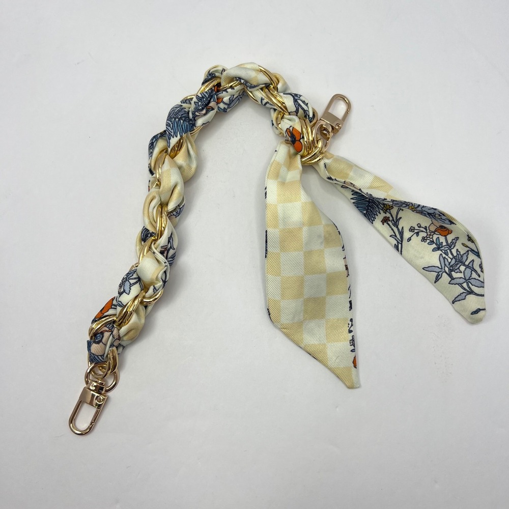 Scarf Chain Purse Strap Cream Blue Floral Checkered Bag Handle Charm Cottage
